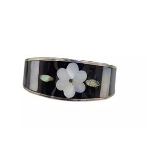 Mexico Silver Cuff Bracelet w/ Mother of Pearl Flower Inlay MOP Abalone‎ Accents